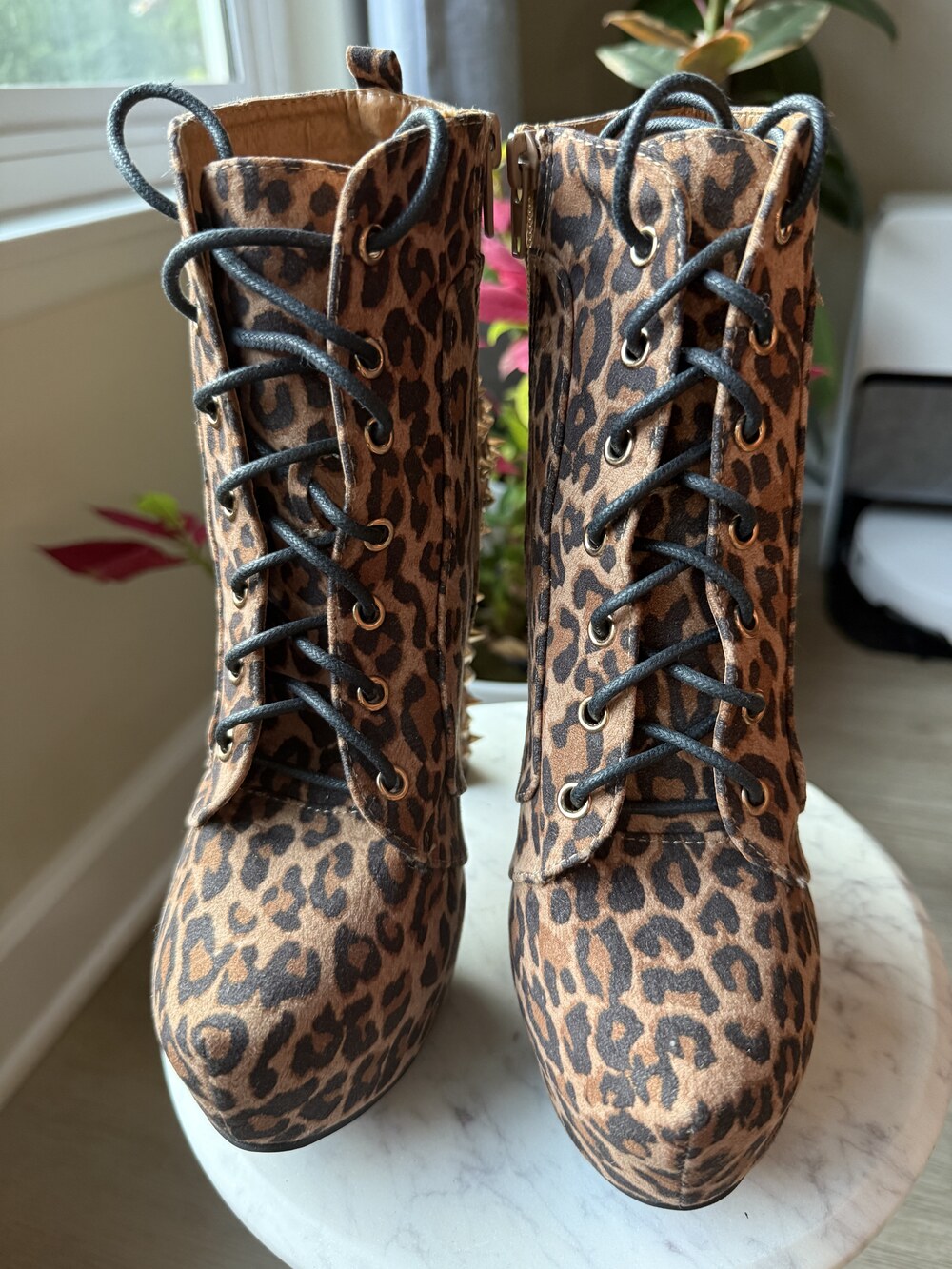 Leopard Print Studded Lace-Up Boots